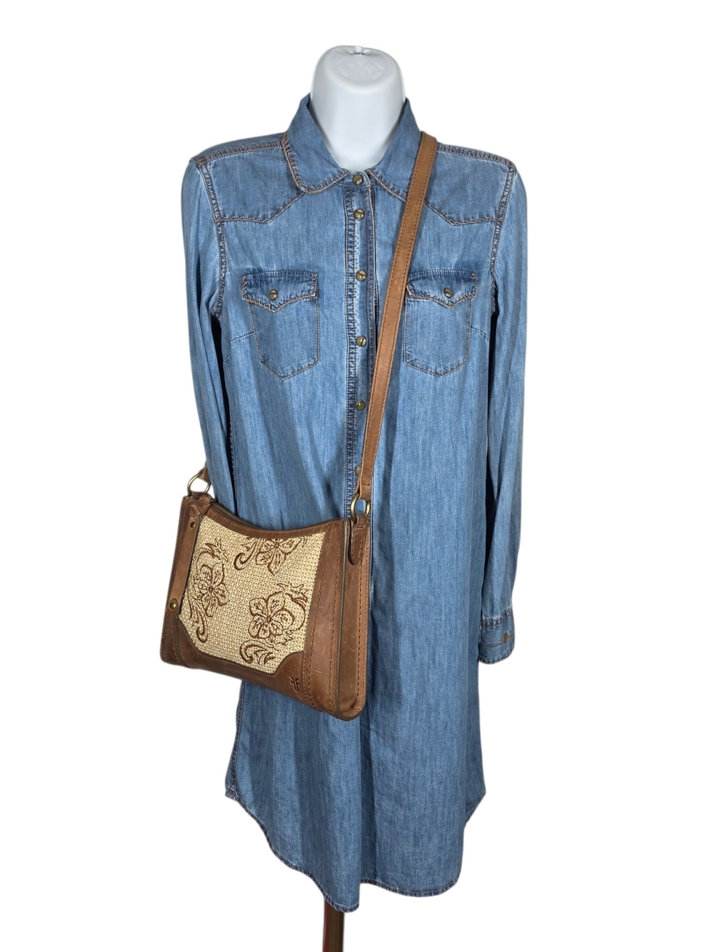 Frye Brown Leather & Straw Crossbody with Floral Embroidery